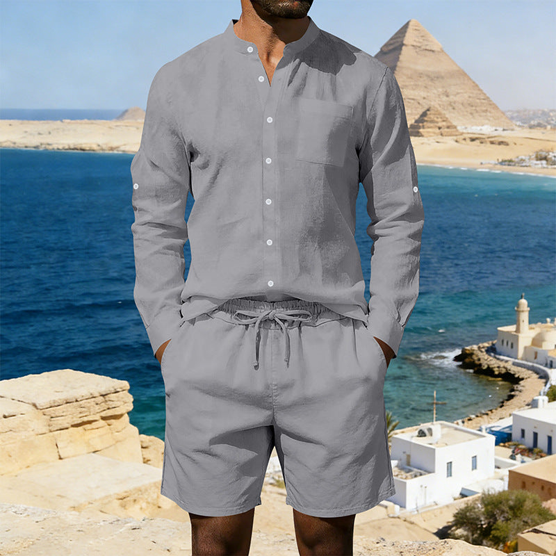 Herren nan sommerliches Leinen-Set mit Stehkragenhemd und Kordelzug-Kurzhose Echo Archiv