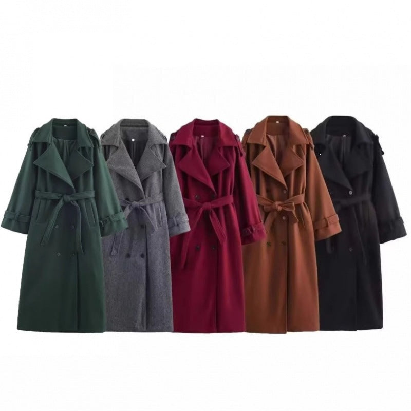 Damen langer doppeltreihiger Wollmix-Trenchcoat mit Gürtel und breitem Revers Echo Archiv
