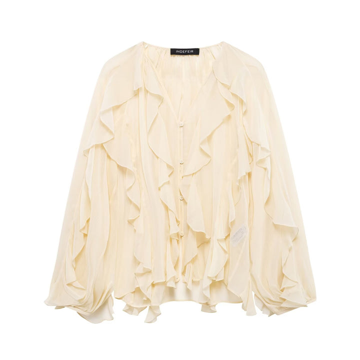Damen nan feminine Chiffon-Volantbluse mit Ballonärmeln und V-Ausschnitt Echo Archiv