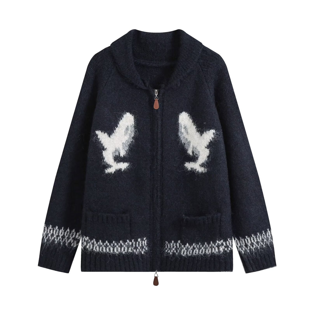 Damen Grobgestrickter Zip-Cardigan mit Schalkragen und Intarsia-Motiv Echo Archiv