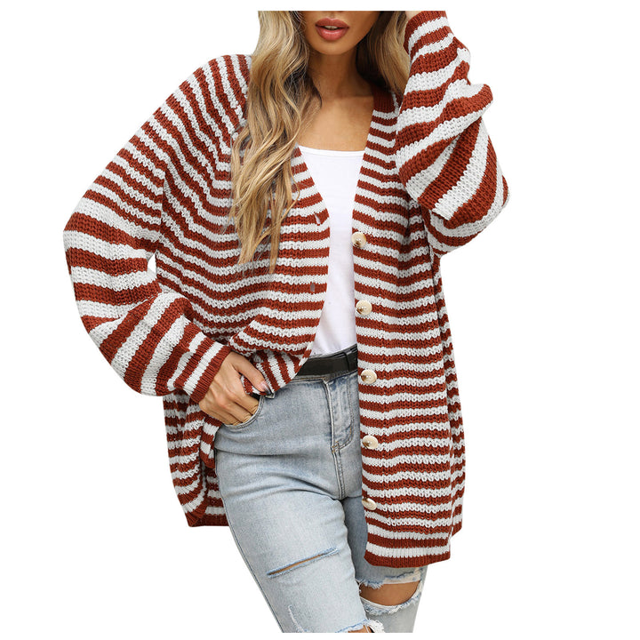 Damen gestreifte oversized Strickjacke mit V-Ausschnitt und Knopfleiste Echo Archiv