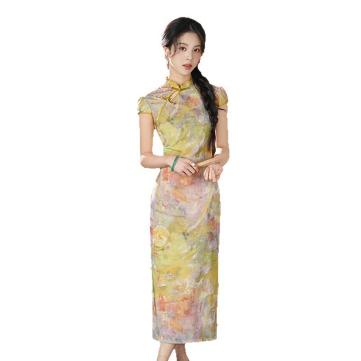 Damen Langes Kleid mit floralem Design und hochgeschlossenem Kragen Echo Archiv