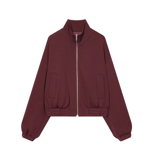Damen Cropped Sweat-Bomberjacke mit hohem Stehkragen und elastischem Taillenbund Echoarchiv
