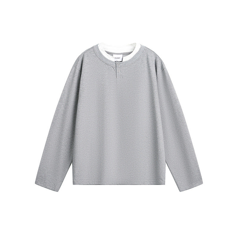 Unisex Lässiges Layering-Henley-Langarmshirt mit Kontrast-Doppelkragen Echoarchiv