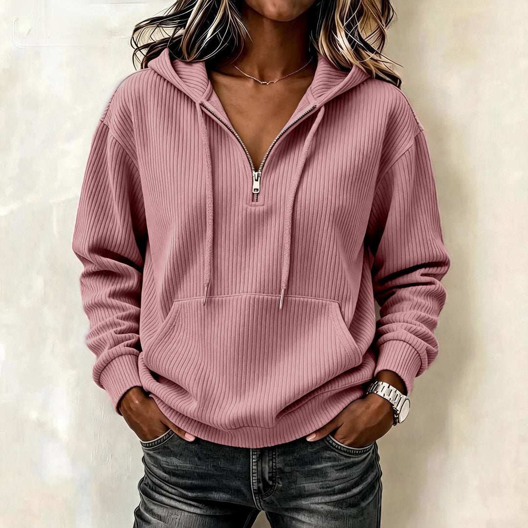 Damen Gestrickter Ripp-Hoodie mit halbem Reißverschluss, Kängurutasche und Oversize-Schnitt Echoarchiv