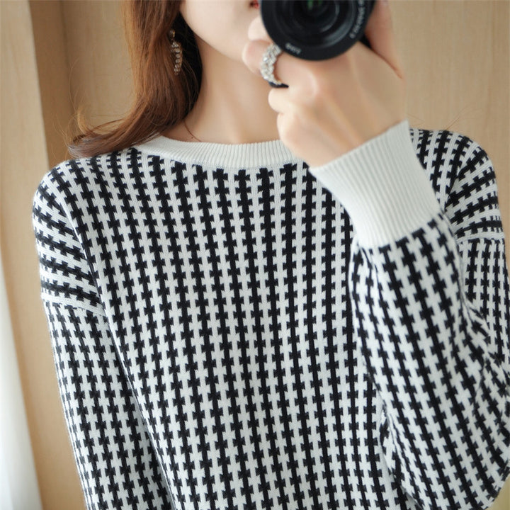 Damen Leichter Strukturstrick-Pullover mit Hahnentritt-Muster und breitem Rippbündchen Echoarchiv
