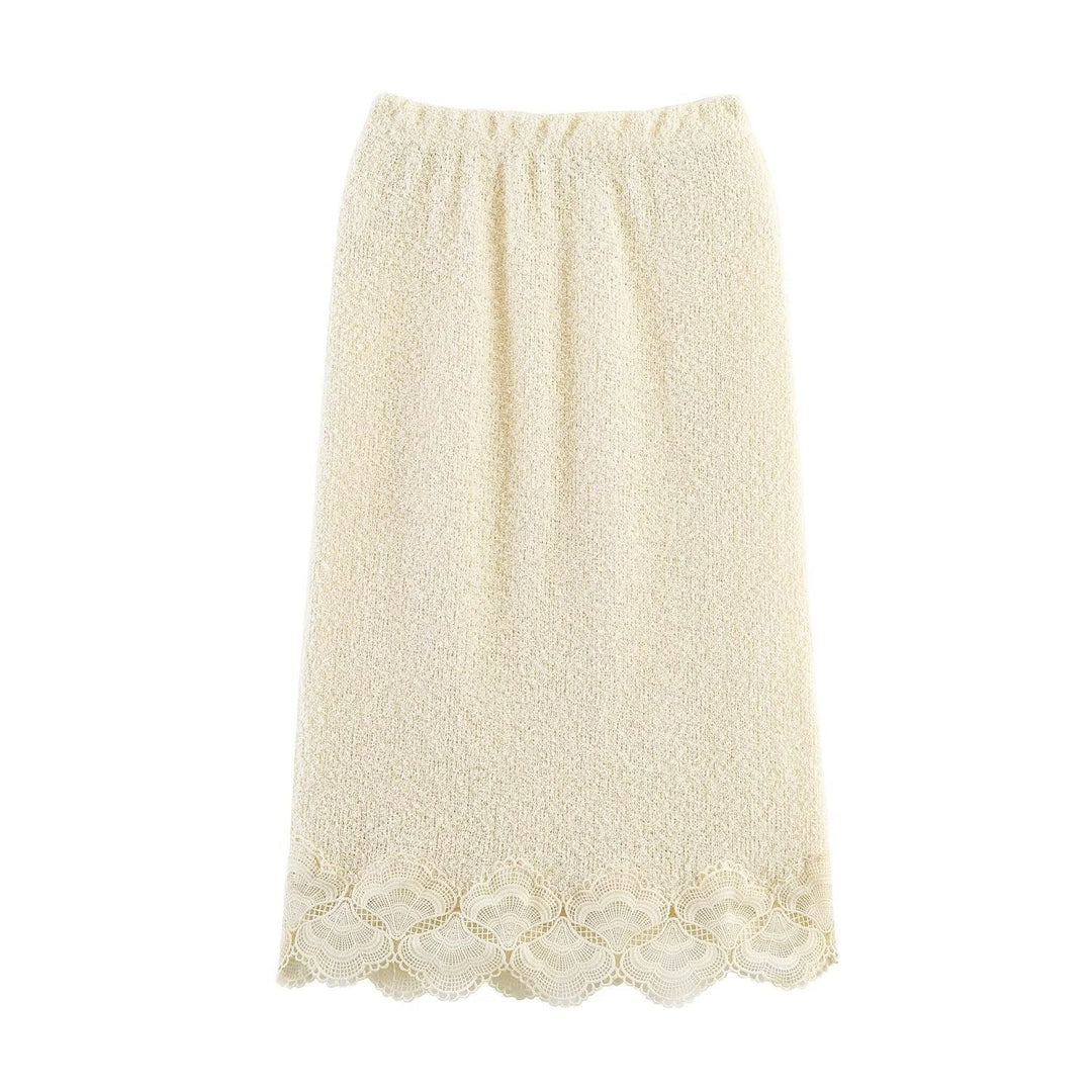 Damen Bouclé-Strickpullover mit Spitzenbesatz und gewelltem Saum Echo Archiv