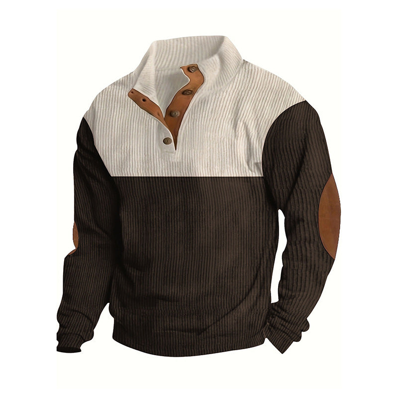 Herren Strukturierter Halbknopf-Pullover mit Stehkragen, Rippenstruktur und Ellenbogen-Patches Echoarchiv