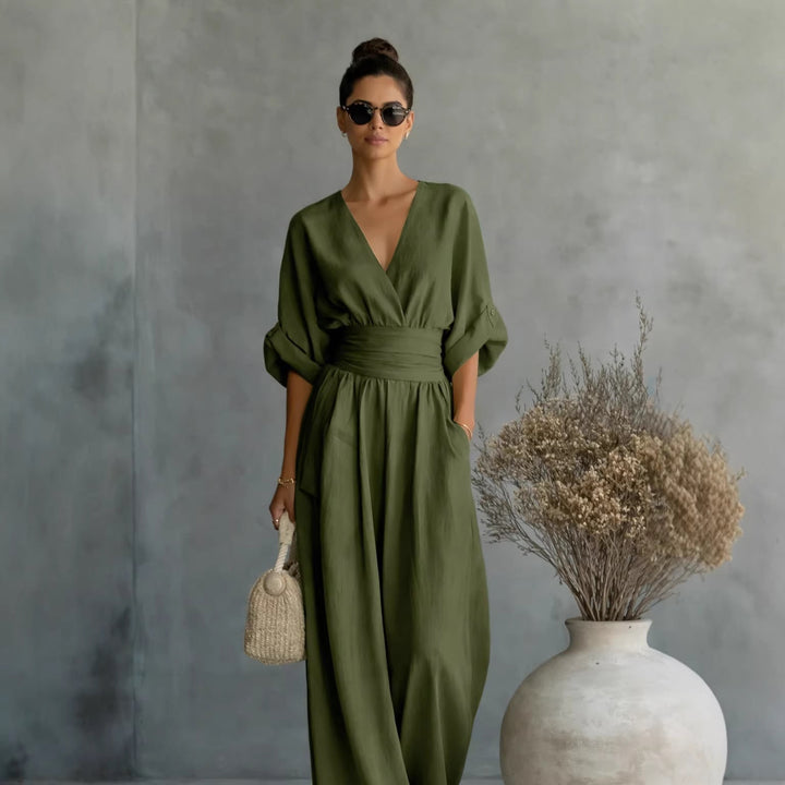 Damen Weit geschnittener Jumpsuit mit eleganten Drapierungen und V-Ausschnitt Echo Archiv