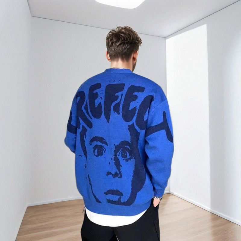 Herren Oversized-Strickpullover mit großflächigem Jacquard-Gesichtsmotiv und geripptem Saum Echoarchiv