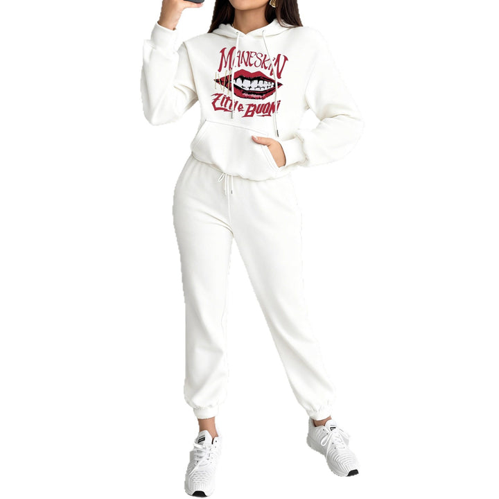 Damen nan Hoodie- und Jogginghose-Set mit Kapuze, Kängurutasche, elastischem Bund und auffälligem Lippen-Statementprint Echo Archiv