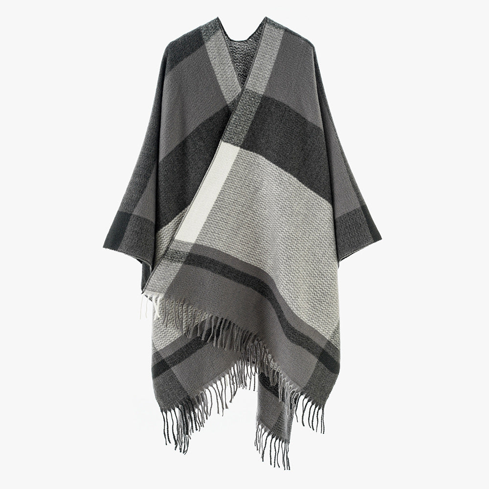 Damen Wollmix-Capeponcho mit V‑Ausschnitt, Blockstreifen und Fransen – Avérine