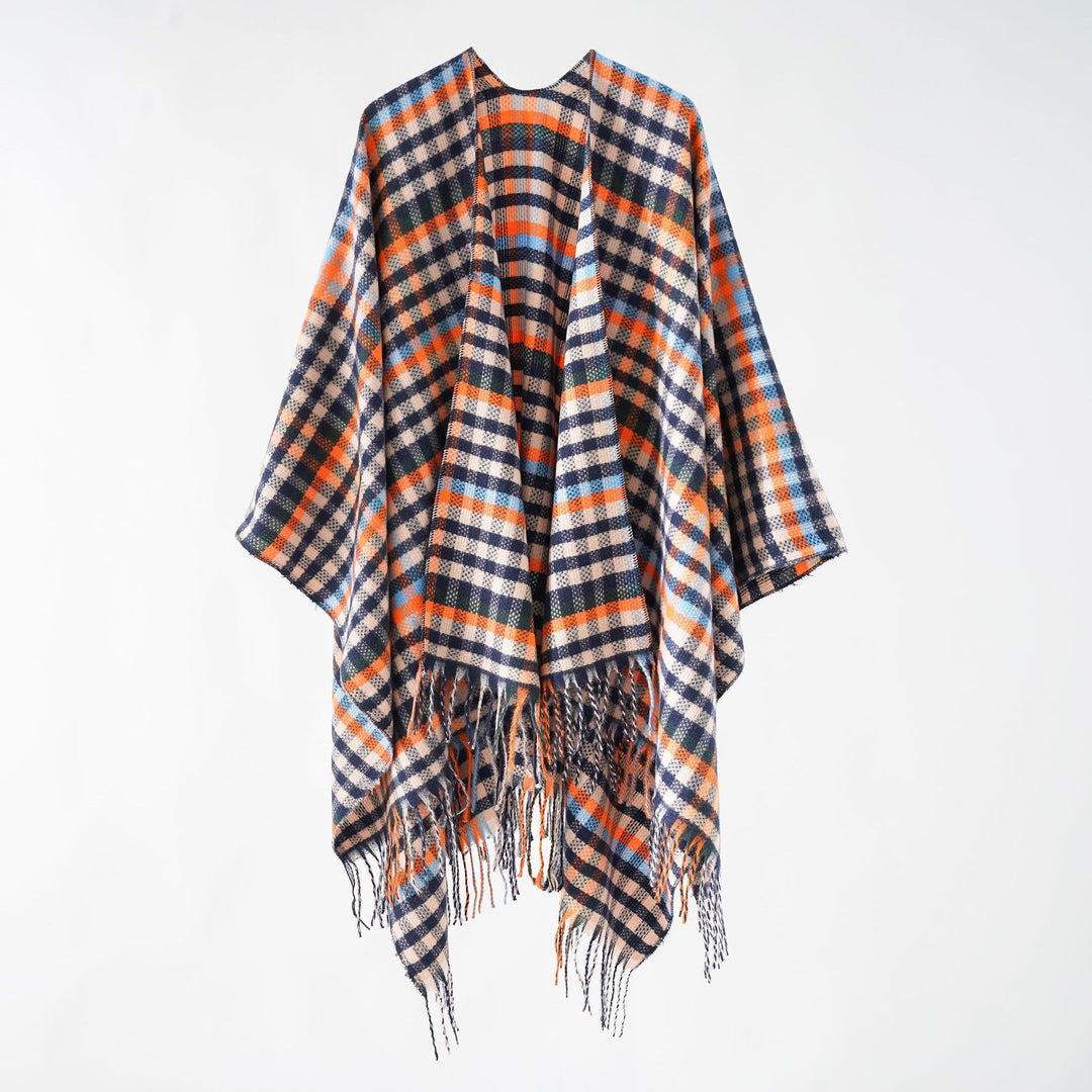 Damen Karierter Wollmix Poncho mit Fransen und offenem Oversize Fall Echo Archiv
