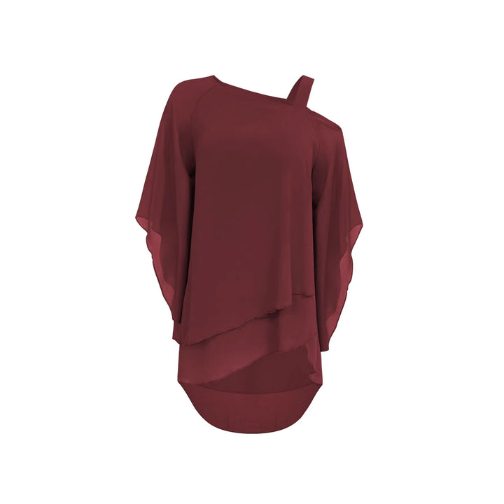 Damen Elegantes Chiffon-Zweiteiler mit Lagen‑Tunika, asymmetrischem Ein‑Schulter‑Detail und weiter Palazzohose – Élanora