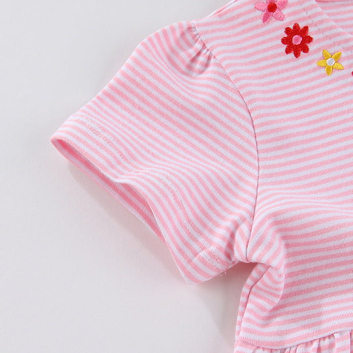 Damen niedliches, gestreiftes Sommerkleid mit Blumenstickerei Echo Archiv