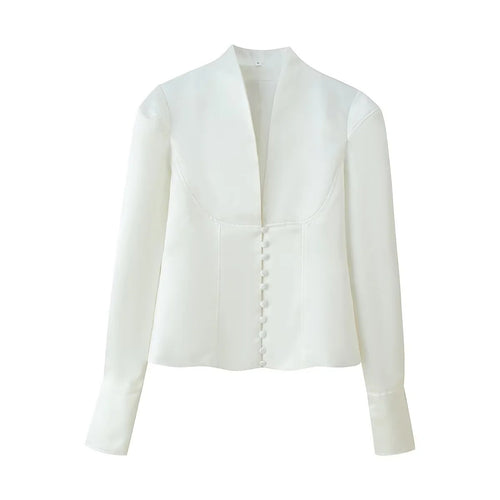 Damen taillierte Bluse mit verdeckter Knopfleiste, Wiener Nähten und elegantem V‑Ausschnitt – Élovi