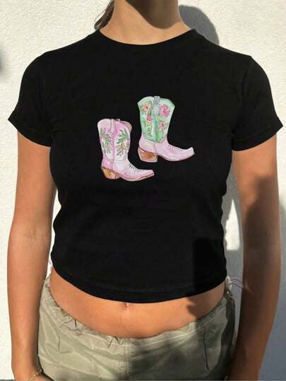 Damen Crop-T-Shirt mit kreativem Lippenmotiv und figurbetontem Schnitt Echo Archiv