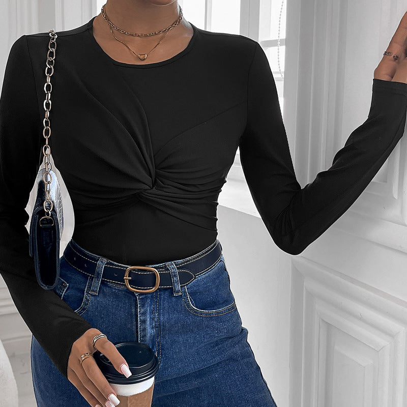 Damen Figurbetontes Twist-Longsleeve mit Knotendetail und Rundhalsausschnitt Echoarchiv