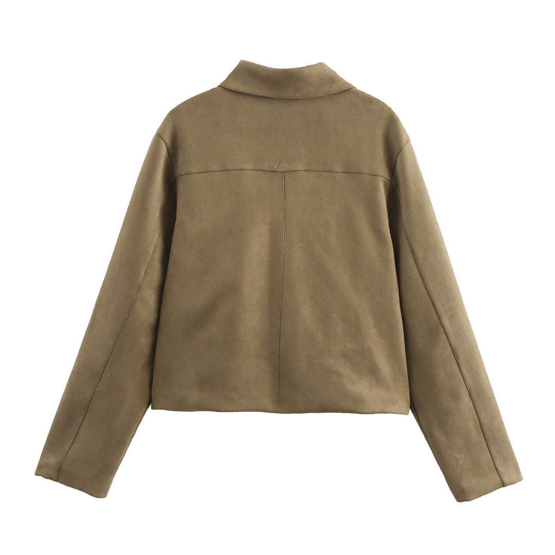 Damen cropped Kurzjacke aus Veloursimitat mit Pattentaschen und Hemdkragen – Célinea