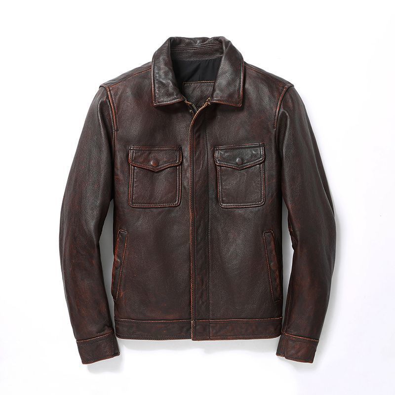 Herren Lederjacke im Worker-Stil mit Brusttaschen und durchgehendem Reißverschluss Echoarchiv