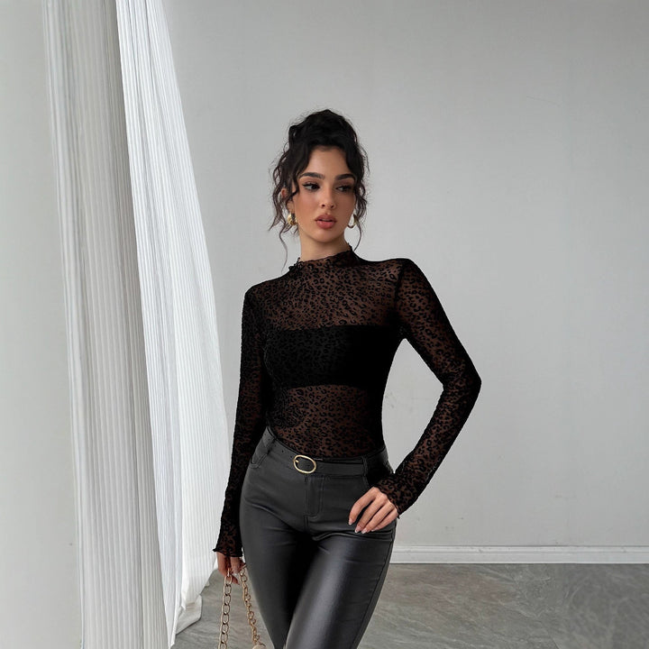 Damen nan eng anliegendes Transparenz-Mesh-Top mit erhabenem Samtflock-Leoprint und Stehkragen Echo Archiv