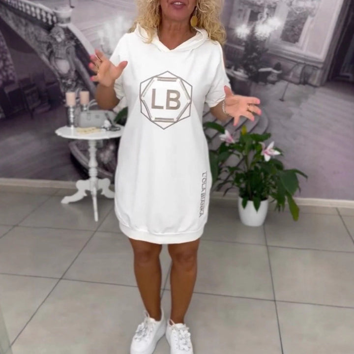 Damen nan sportliches Kapuzen-Tunika-Kleid mit Schulterauschnitten und Logoprint Echo Archiv