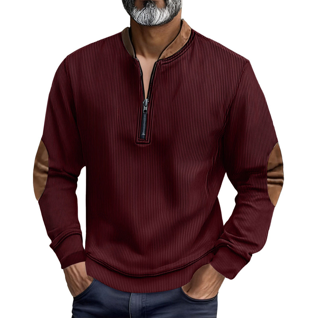 Herren eleganter Pullover mit Stehkragen und modischen Ledereinsätzen Echoarchiv