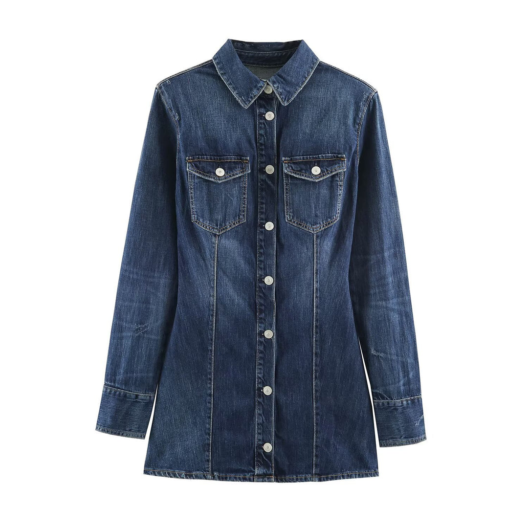 Damen Geradliniges Denim-Hemdkleid mit durchgehender Knopfleiste und Brusttaschen Echoarchiv