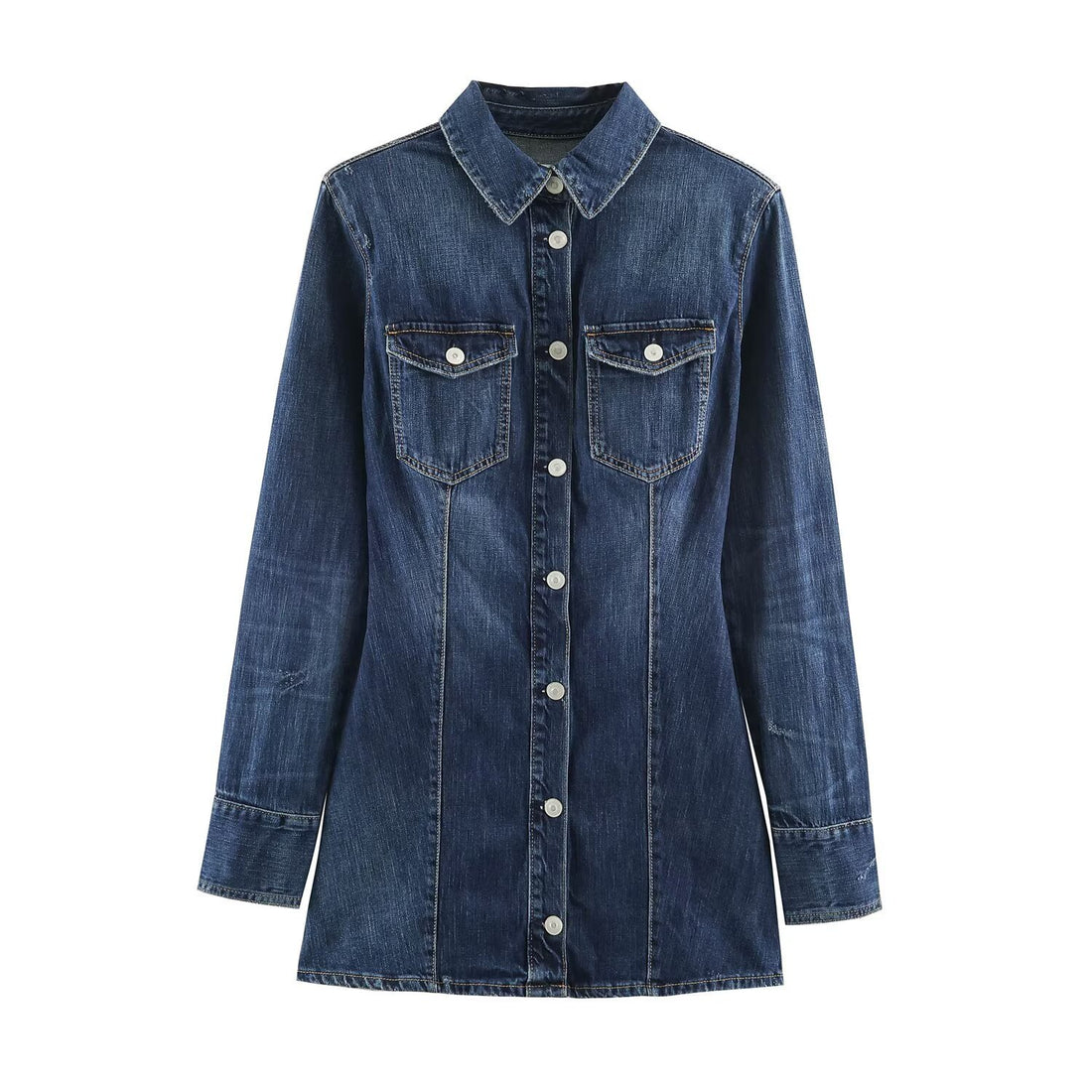 Damen Geradliniges Denim-Hemdkleid mit durchgehender Knopfleiste und Brusttaschen Echoarchiv