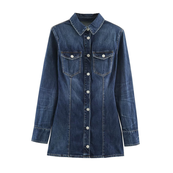 Damen Geradliniges Denim-Hemdkleid mit durchgehender Knopfleiste und Brusttaschen Echoarchiv