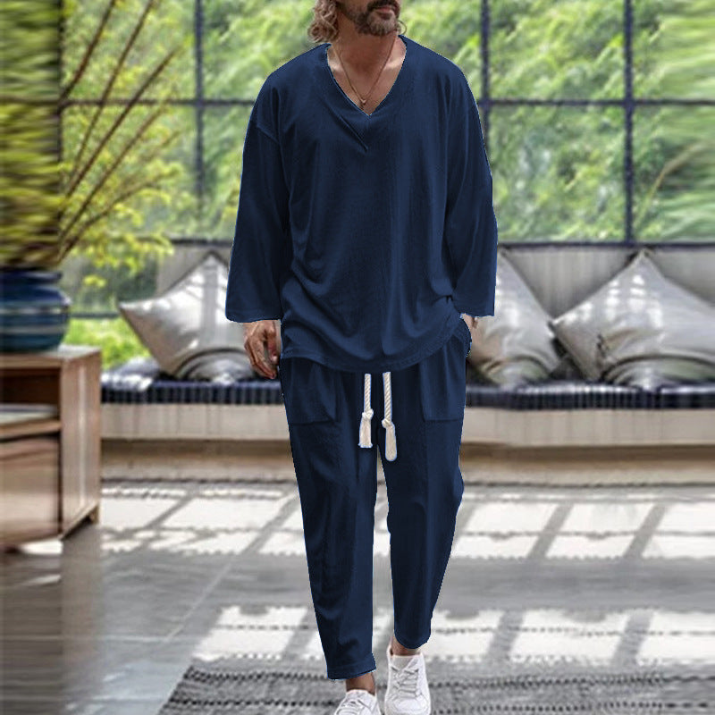 Herren lässiges Zweiteiliges Freizeitoutfit mit V-Ausschnitt und elastischem Bund Echoarchiv