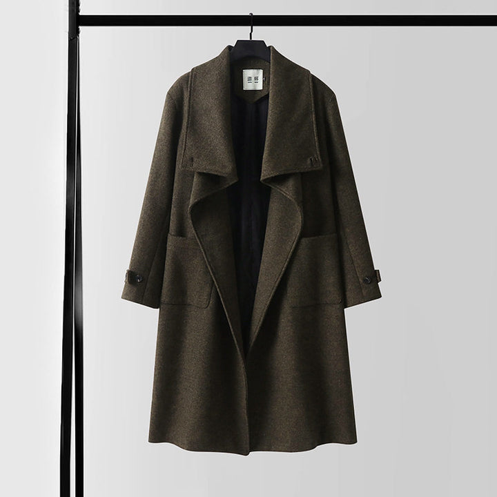 Damen Eleganter langer Wollmix-Cocoon-Mantel mit überlappendem Schalkragen und aufgesetzten Taschen Echoarchiv