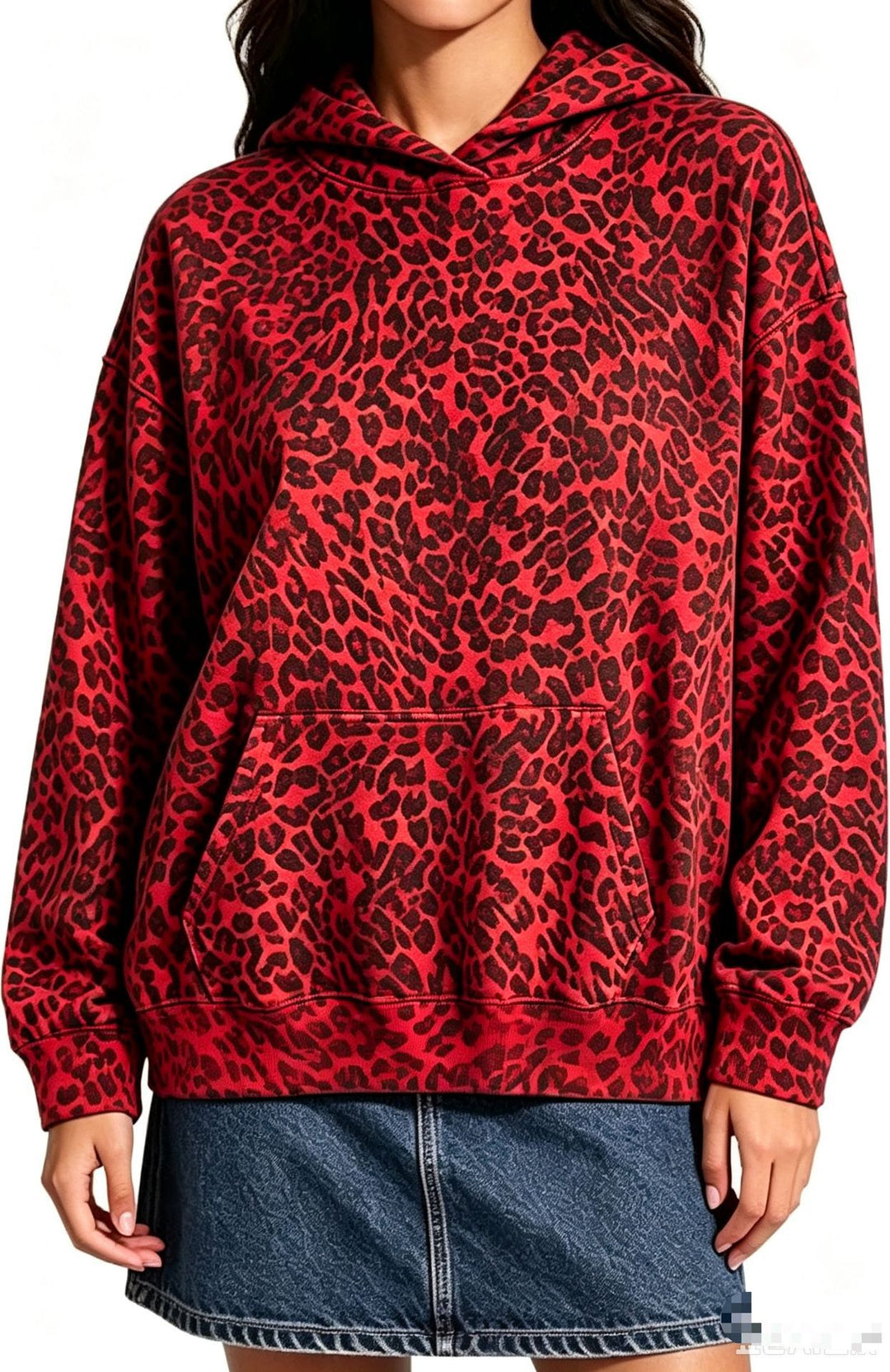 Damen Oversize-Kapuzenpullover mit Leomuster, Kängurutasche und überschnittener Schulter Echo Archiv