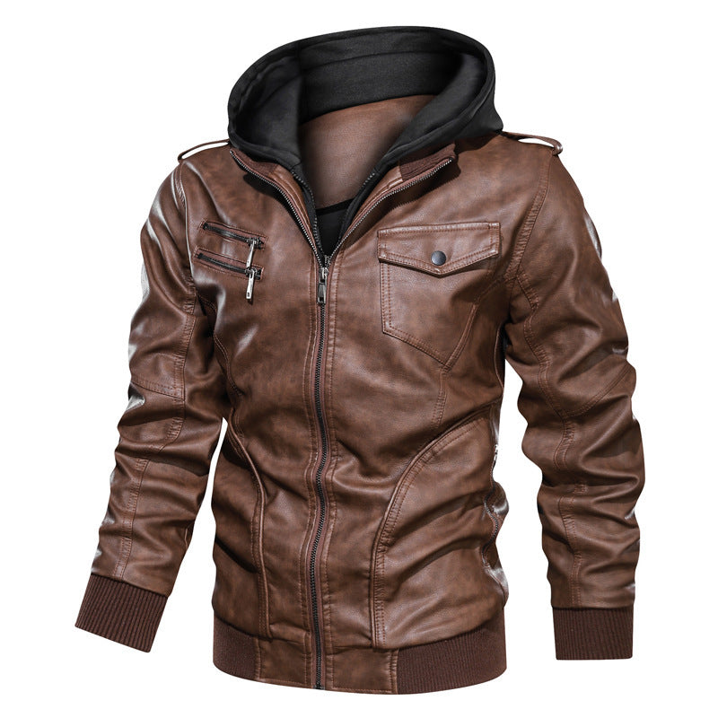 Herren Lederoptik Kapuzenjacke im Bikerstil mit Reißverschlusstaschen und Rippbündchen – Taviero