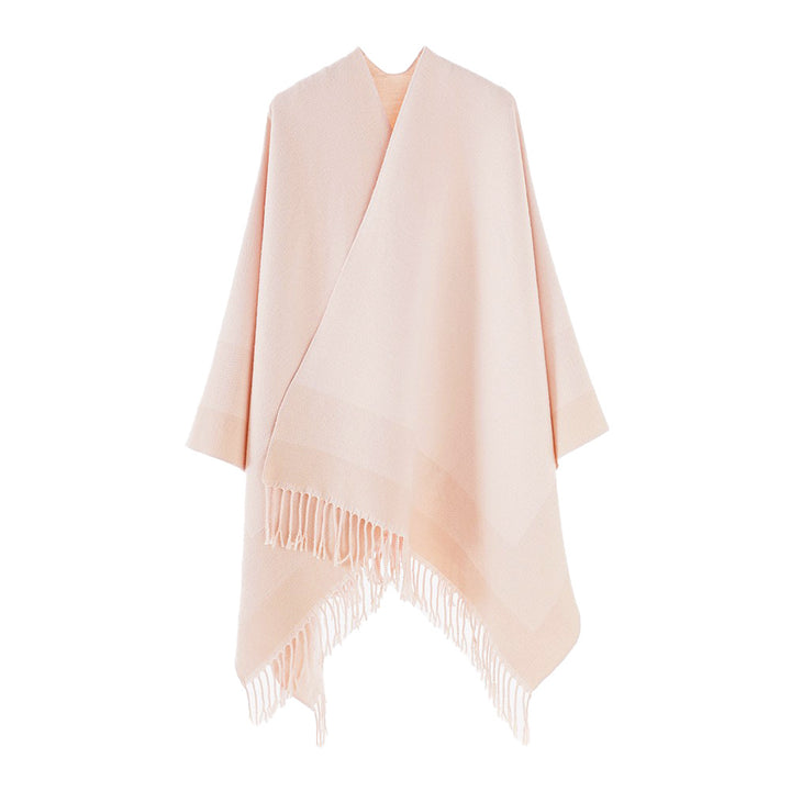 Damen Rechteckiger Wollmix-Poncho-Überwurf mit offener Front und feinem Fransensaum – Avérine