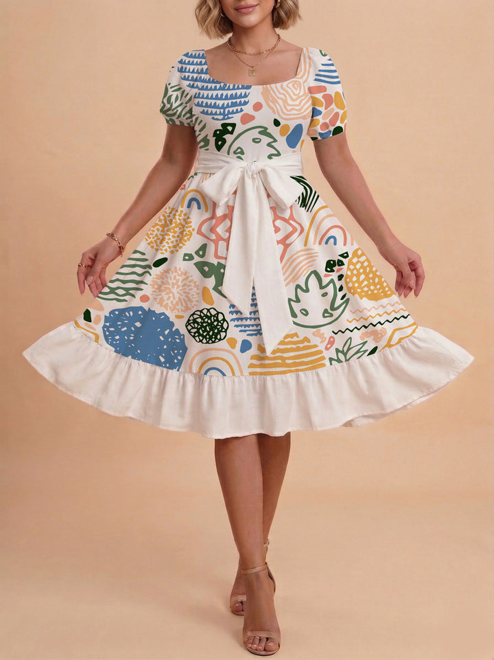 Damen Sommerkleid mit floralem Puffärmel und taillierbarem Gürtel Echo Archiv
