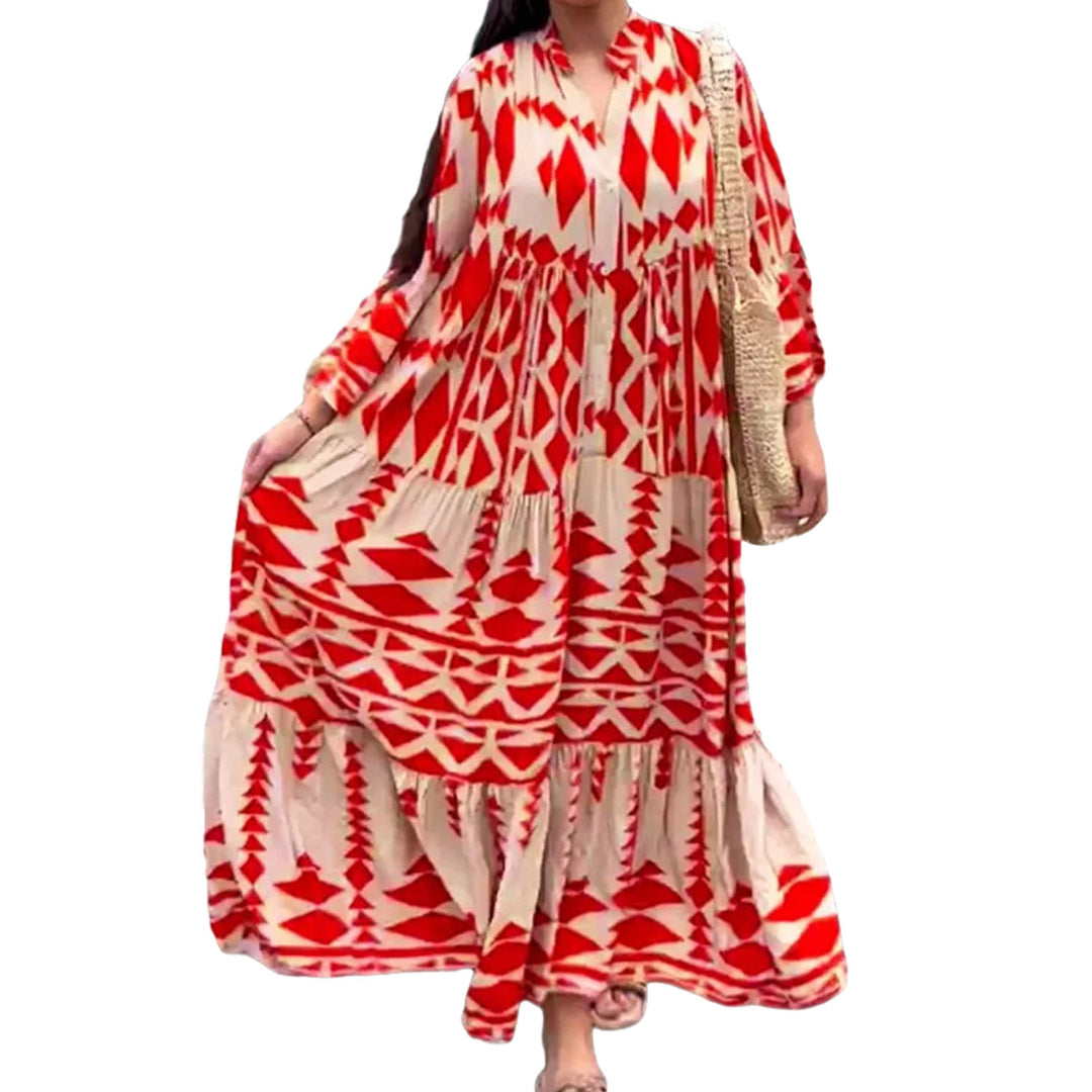Damen Lockeres Maxikleid im Boho‑Stil mit grafischem Print, V‑Ausschnitt und Knopfleiste Echo Archiv