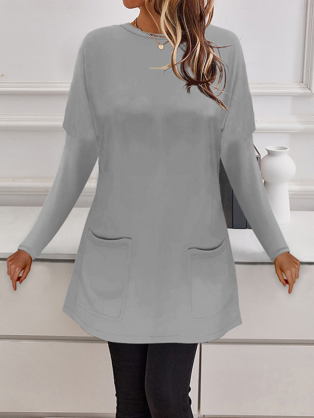 Damen Longline Feinstrick-Tunika mit Rundhalsausschnitt und aufgesetzten Taschen – Mavelle