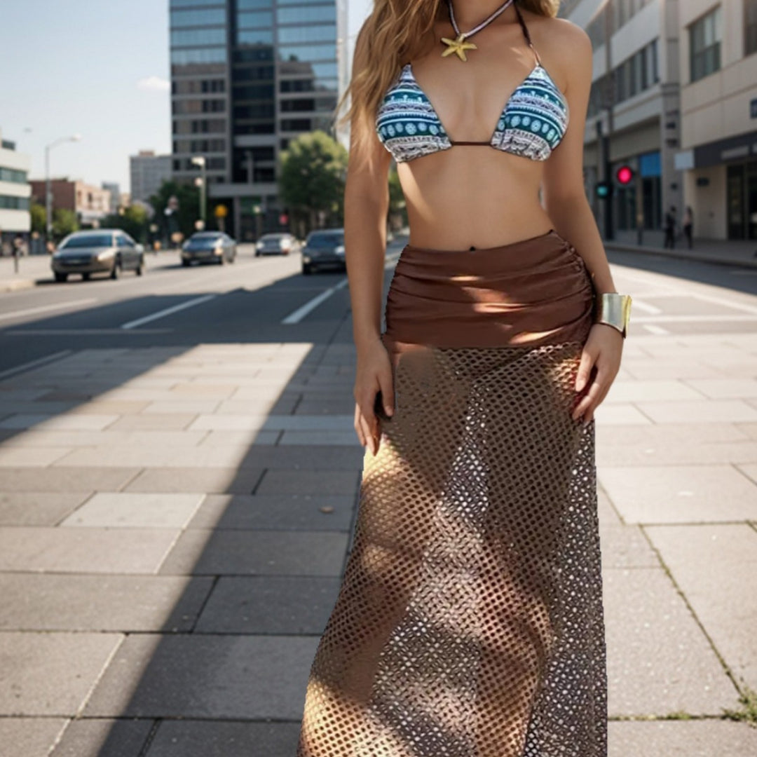Damen Bikini-Set mit geometrischem Druck und transparenter Strick-Überschlag Echo Archiv