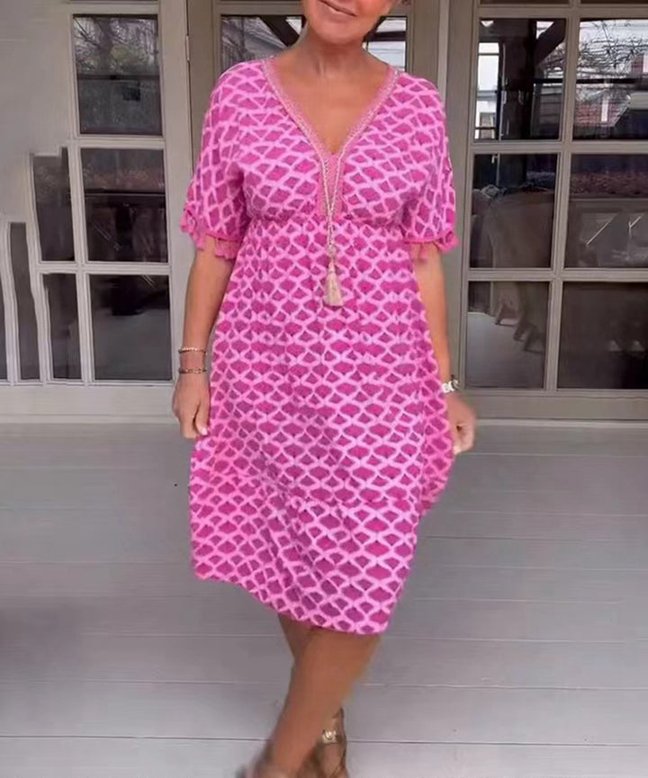 Damen nan lässiges V-Ausschnitt Strandkleid mit Quastenbindeband und Volantrock Echo Archiv