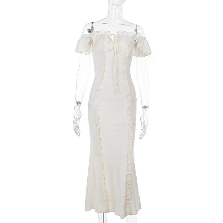 Damen schulterfreies Maxikleid mit Rüschendetails und taillierter Silhouette Echo Archiv