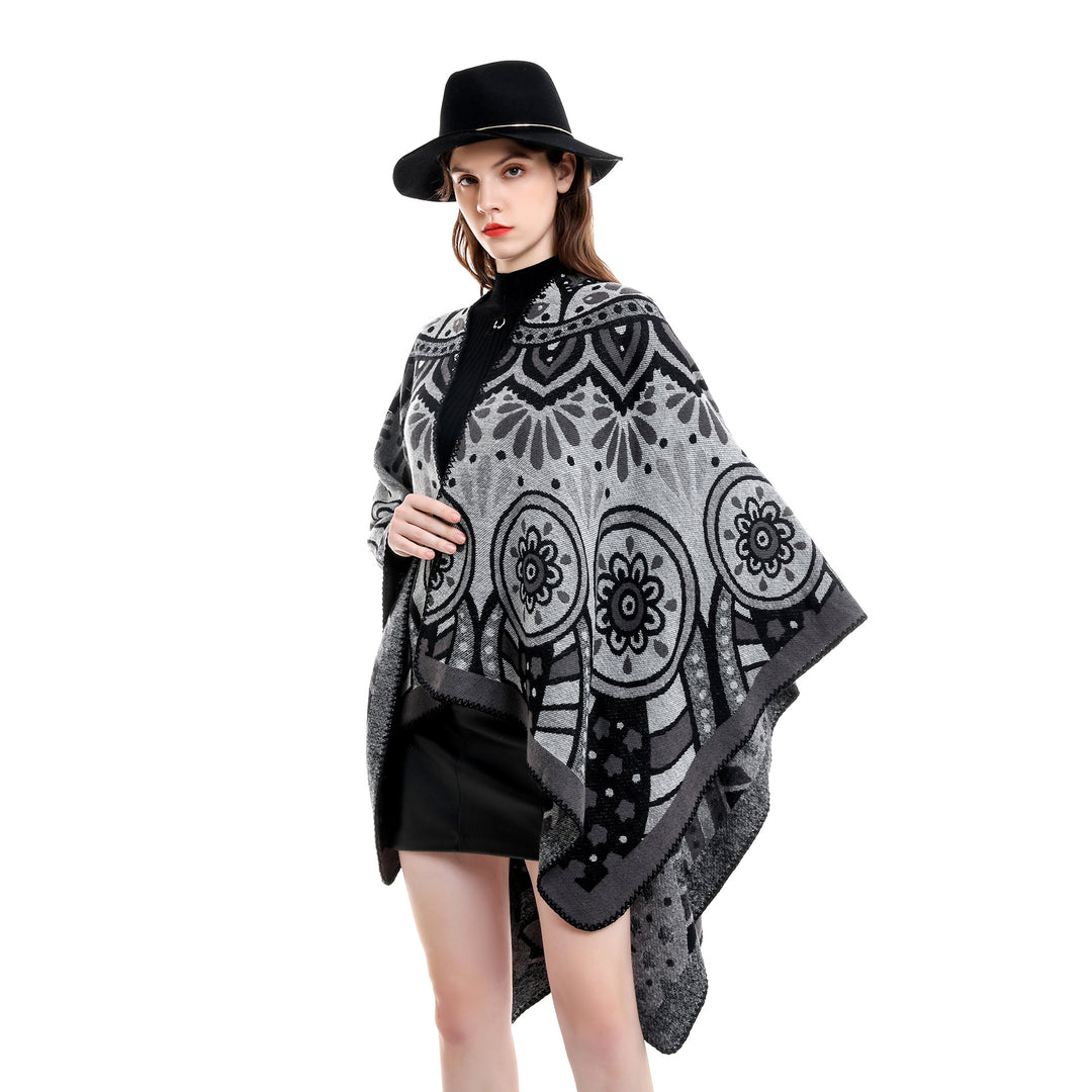 Damen Wollmix-Umhangponcho mit ornamentaler Jacquardstruktur und offenem Fall – Montévia