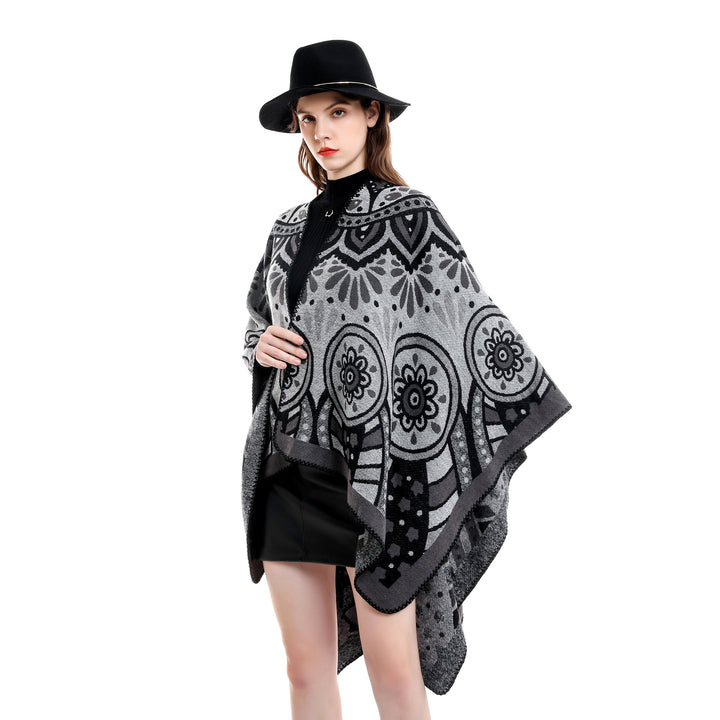 Damen Wollmix-Umhangponcho mit ornamentaler Jacquardstruktur und offenem Fall – Montévia