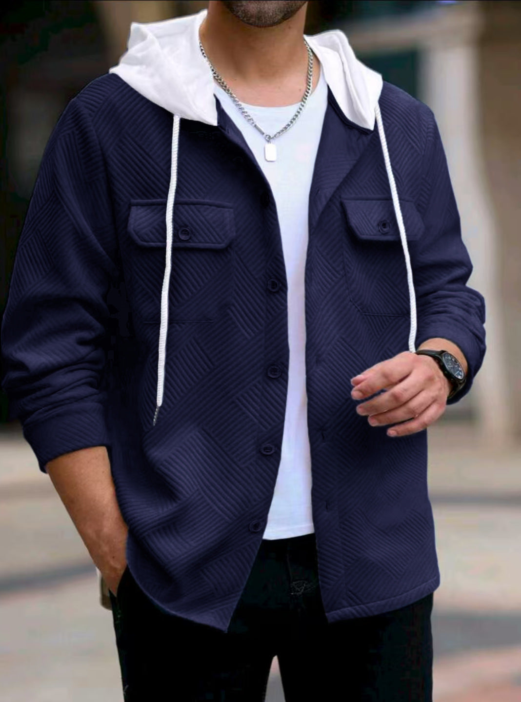 Herren lässige Utility-Jacke mit Kapuze und strukturiertem Muster Echoarchiv