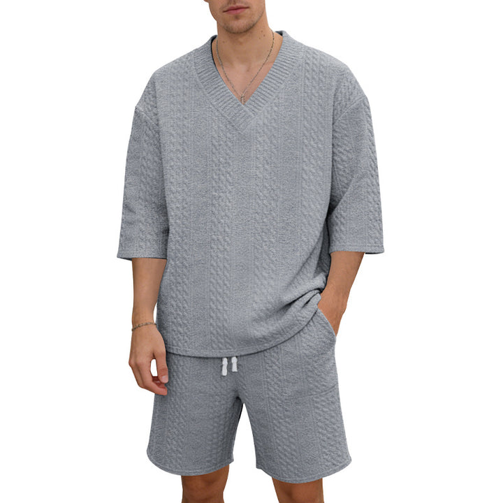 Unisex nan lässiges Lounge-Set mit V-Ausschnitt-Oberteil und Kordelbund-Shorts Echo Archiv