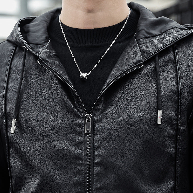 Herren Modische Kunstlederjacke mit verstellbarer Kapuze Echo Archiv