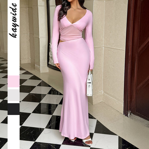 Damen tailliertes Maxikleid mit tiefem V‑Ausschnitt, seitlichem Cut‑Out und figurbetonter Stretch‑Silhouette – Valéora