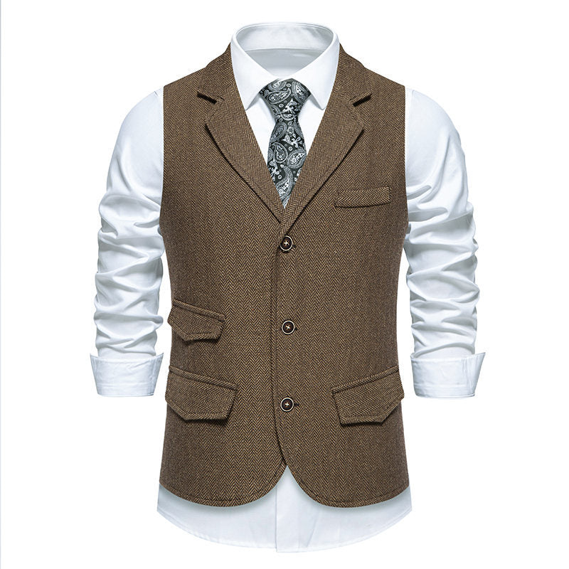 Herren Tweed-Weste mit Fischgrätstruktur, Reverskragen und Pattentaschen Echo Archiv