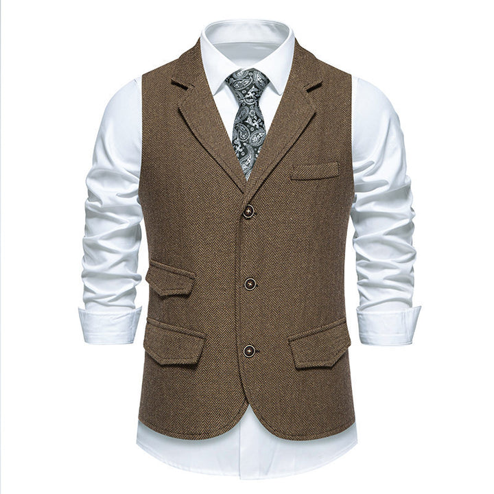 Herren Tweed-Weste mit Fischgrätstruktur, Reverskragen und Pattentaschen Echo Archiv