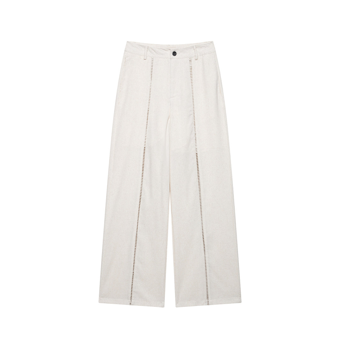 Damen Zweiteiliges Ensemble aus Wickelbluse mit Taillenschleife und weit geschnittener Leinenhose mit Zierstreifen Echo Archiv